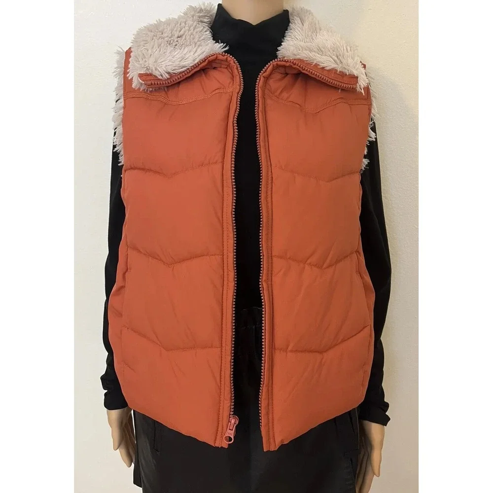 Vintage Y2K Baileys Point Orange Quilted Puffer Faux Fur Trim Womens Vest Size L